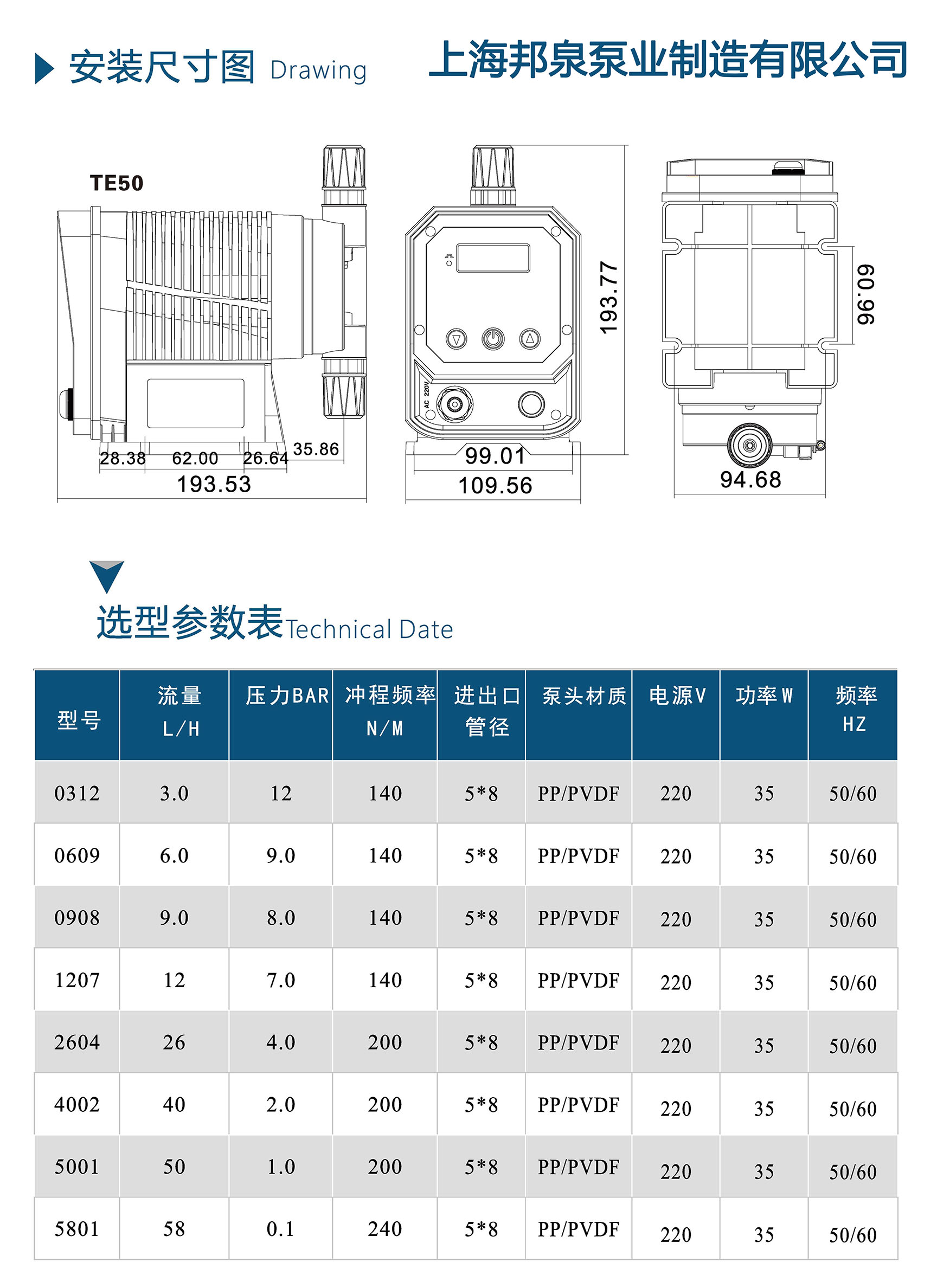 TE50電磁隔膜計量泵安裝尺寸圖和選型參數表